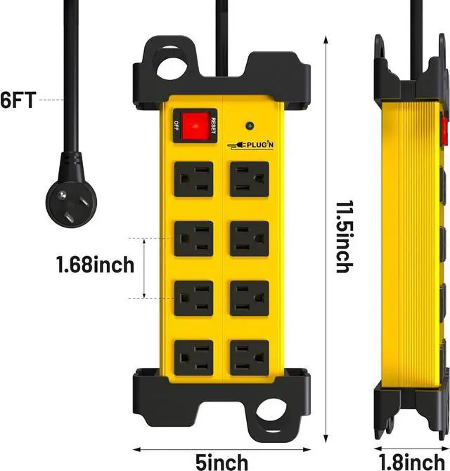 Alt view image 7 of 7 - Plug'n 8 Outlet Heavy Duty Power Strip,Wide Spacing,Workshop Surge Protector 2700J with 6FT Extension Cord,Industrial Metal Power Strip 15Amp,Yellow Wall Mount Power for Garage,Office