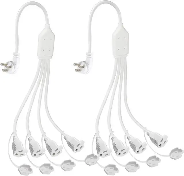 Main image of KUNCAN 4 Way Power Splitter - 45 Degrees Lower Right Corner Downward Angled US Flat Plug 1 to 4 Extended Outlets Male to Female SVT 16AWG Extension Cable Strip for Home, Office, School (White 2-Pack)
