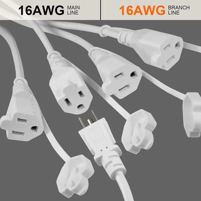 Alt view image 3 of 7 - KUNCAN 4 Way Power Splitter - 45 Degrees Lower Right Corner Downward Angled US Flat Plug 1 to 4 Extended Outlets Male to Female SVT 16AWG Extension Cable Strip for Home, Office, School (White 2-Pack)