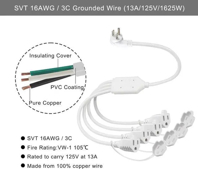 Alt view image 4 of 7 - KUNCAN 4 Way Power Splitter - 45 Degrees Lower Right Corner Downward Angled US Flat Plug 1 to 4 Extended Outlets Male to Female SVT 16AWG Extension Cable Strip for Home, Office, School (White 2-Pack)