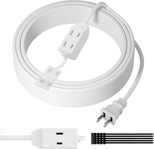 Main image of 2 Prong Extension Cable 15 FT, Extra Long Power Cord With 3 Outlets, Flat Multiple Cable With Tamper Guard, ETL Listed, Outlet Saver, OFC, 16 Gauge Wire, 13A/125V, White With 25 Pcs Ties