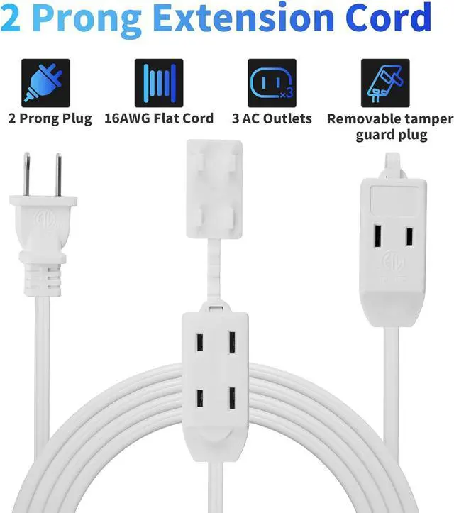 Alt view image 2 of 7 - 2 Prong Extension Cable 15 FT, Extra Long Power Cord With 3 Outlets, Flat Multiple Cable With Tamper Guard, ETL Listed, Outlet Saver, OFC, 16 Gauge Wire, 13A/125V, White With 25 Pcs Ties