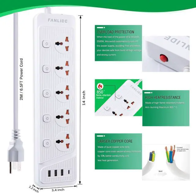 Alt view image 6 of 6 - Universal Power Strip with USB C, 5 Outlets 3 USB and 1 USB C Ports, 6.5ft Power Cord Circuit Breaker