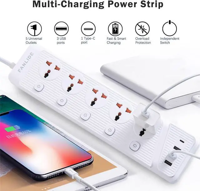 Alt view image 2 of 6 - Universal Power Strip with USB C, 5 Outlets 3 USB and 1 USB C Ports, 6.5ft Power Cord Circuit Breaker