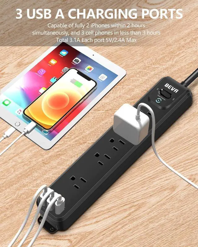 Alt view image 3 of 7 - 2 Pack Surge Protector Power Strip, 10FT Long Extension Cord with 5 Widely Spaced Outlets 3 USB Ports (1 USB C Port), Flat Overload Protection, 900 Joules, Wall Mount for Home Office Dorm, ETL Listed