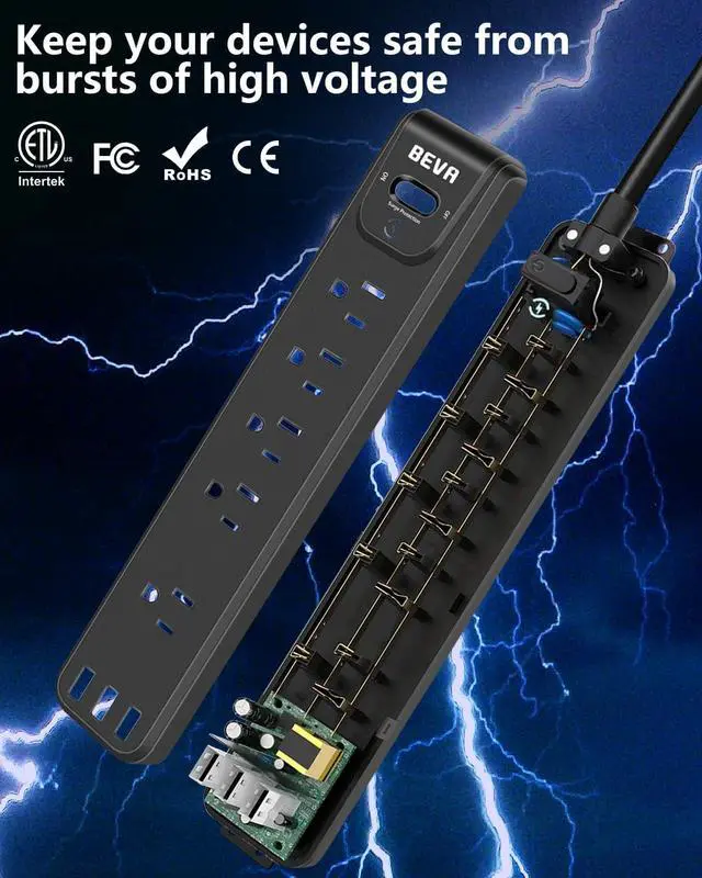 Alt view image 4 of 7 - 2 Pack Surge Protector Power Strip, 10FT Long Extension Cord with 5 Widely Spaced Outlets 3 USB Ports (1 USB C Port), Flat Overload Protection, 900 Joules, Wall Mount for Home Office Dorm, ETL Listed