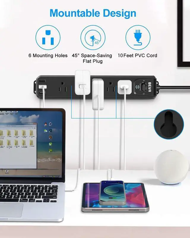 Alt view image 7 of 7 - 2 Pack Surge Protector Power Strip, 10FT Long Extension Cord with 5 Widely Spaced Outlets 3 USB Ports (1 USB C Port), Flat Overload Protection, 900 Joules, Wall Mount for Home Office Dorm, ETL Listed