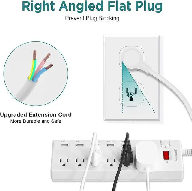 Alt view image 2 of 6 - HITRENDS Surge Protector Power Strip 6 Outlets with 6 USB Charging Ports, USB Extension Cord, 1625W/13A Multiplug for Multiple Devices Smartphone Tablet Laptop Computer (6ft, white)