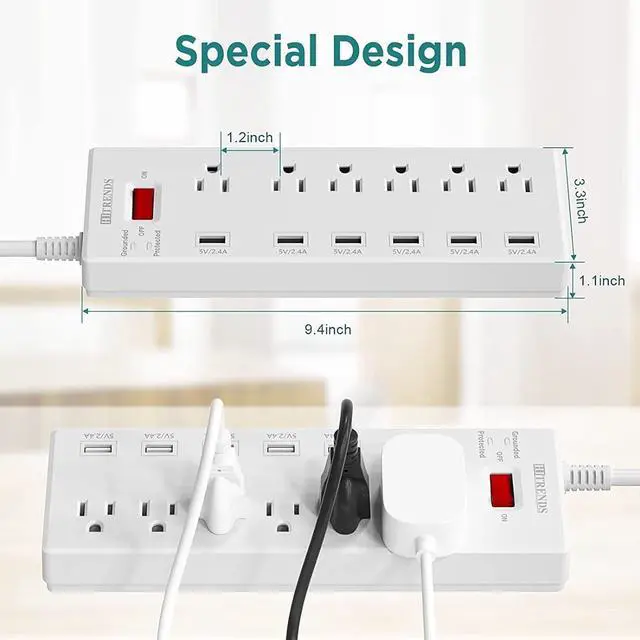 Alt view image 6 of 6 - HITRENDS Surge Protector Power Strip 6 Outlets with 6 USB Charging Ports, USB Extension Cord, 1625W/13A Multiplug for Multiple Devices Smartphone Tablet Laptop Computer (6ft, white)