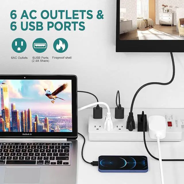 Alt view image 5 of 6 - HITRENDS Surge Protector Power Strip 6 Outlets with 6 USB Charging Ports, USB Extension Cord, 1625W/13A Multiplug for Multiple Devices Smartphone Tablet Laptop Computer (6ft, white)