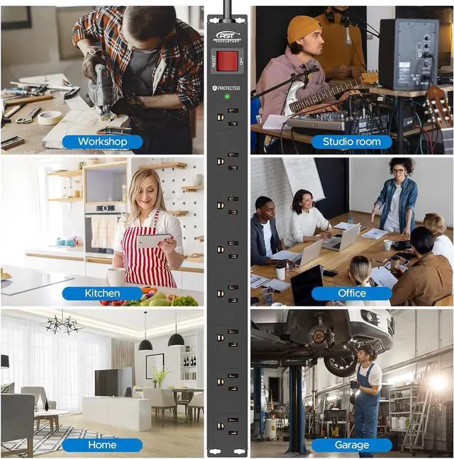 Alt view image 6 of 7 - CRST 8 Outlet Metal Heavy Duty Power Strip, 2100J Surge Protector, 6FT Cord Mountable Wide Spaced Industrial Long Power Strip,15A/1875W