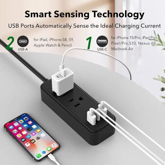 Alt view image 4 of 7 - Clear Power 2-Outlet Power Strip with 3 USB Ports(1 USB-C), Flat Plug, 6 ft Power Cord, Compact USB Charging Hub, Desktop Charging Station with USB C, Black, DC3S-1202-DC