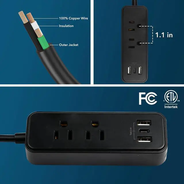 Alt view image 6 of 7 - Clear Power 2-Outlet Power Strip with 3 USB Ports(1 USB-C), Flat Plug, 6 ft Power Cord, Compact USB Charging Hub, Desktop Charging Station with USB C, Black, DC3S-1202-DC