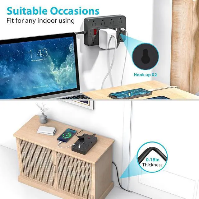 Alt view image 2 of 7 - Surge Protector Flat Extension Cord Flat Plug Power Strip, AOFO 8 Widely Spaced Outlets and 6 USB Charger(1 USB C Port), 5 Ft, for Travel, Office, School, Dorm Room Essentials, Black