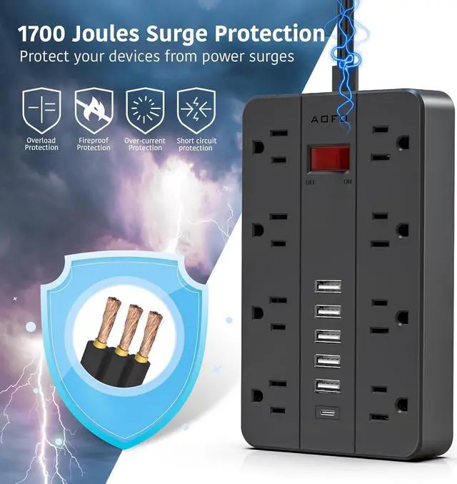 Alt view image 3 of 7 - Surge Protector Flat Extension Cord Flat Plug Power Strip, AOFO 8 Widely Spaced Outlets and 6 USB Charger(1 USB C Port), 5 Ft, for Travel, Office, School, Dorm Room Essentials, Black