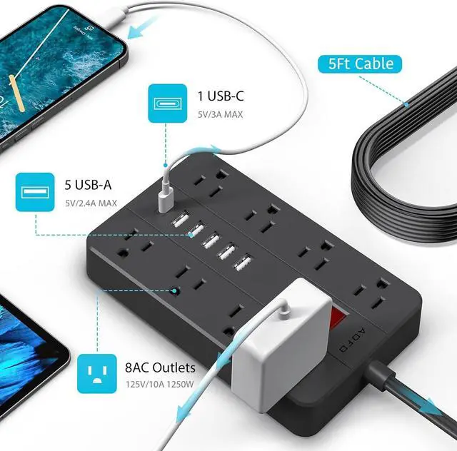 Alt view image 4 of 7 - Surge Protector Flat Extension Cord Flat Plug Power Strip, AOFO 8 Widely Spaced Outlets and 6 USB Charger(1 USB C Port), 5 Ft, for Travel, Office, School, Dorm Room Essentials, Black