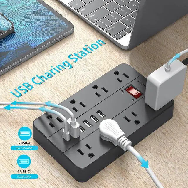 Alt view image 5 of 7 - Surge Protector Flat Extension Cord Flat Plug Power Strip, AOFO 8 Widely Spaced Outlets and 6 USB Charger(1 USB C Port), 5 Ft, for Travel, Office, School, Dorm Room Essentials, Black
