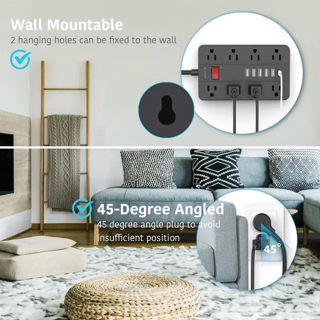 Alt view image 6 of 7 - Surge Protector Flat Extension Cord Flat Plug Power Strip, AOFO 8 Widely Spaced Outlets and 6 USB Charger(1 USB C Port), 5 Ft, for Travel, Office, School, Dorm Room Essentials, Black