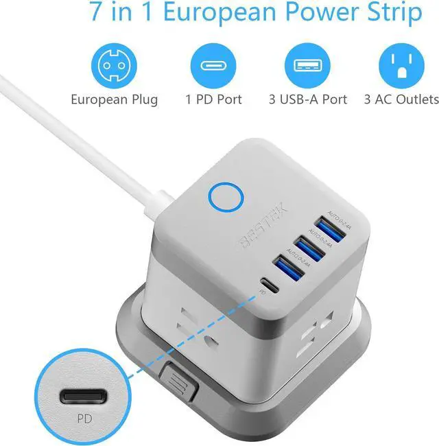 Alt view image 2 of 7 - BESTEK European Travel Plug Adapter, Power Strip with USB C PD 20W and 3 USB Ports, 3 Side Wide Outlet Extender, 5ft EU Extension Cord, Detachable Base, Mountable Power Cube