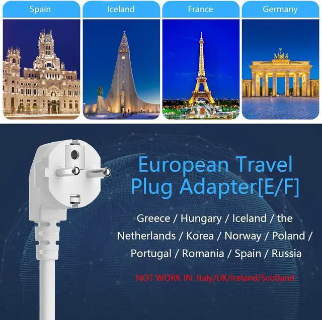 Alt view image 4 of 7 - BESTEK European Travel Plug Adapter, Power Strip with USB C PD 20W and 3 USB Ports, 3 Side Wide Outlet Extender, 5ft EU Extension Cord, Detachable Base, Mountable Power Cube