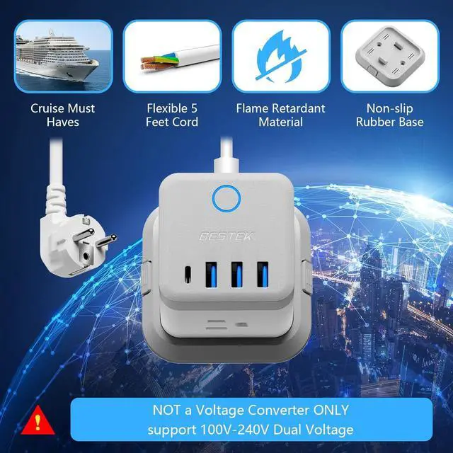 Alt view image 5 of 7 - BESTEK European Travel Plug Adapter, Power Strip with USB C PD 20W and 3 USB Ports, 3 Side Wide Outlet Extender, 5ft EU Extension Cord, Detachable Base, Mountable Power Cube