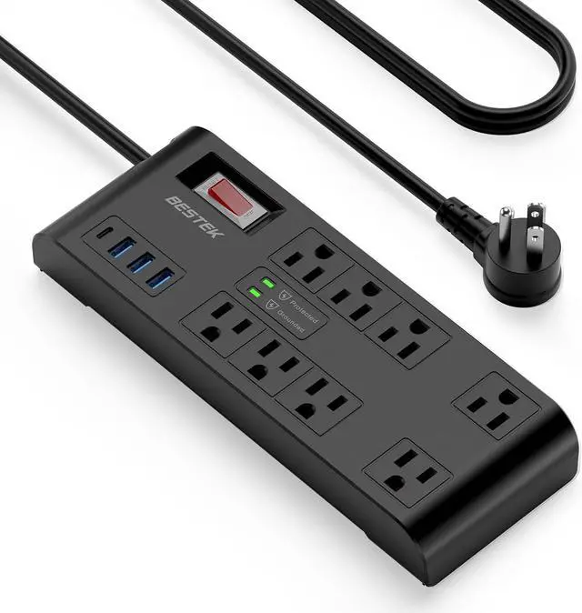 Main image of BESTEK 4,000 Joules Surge Protector with USB,6 Feet Extension Cord Power Strip with 8 AC Outlets 15A 1875W,5V 4.2A 4 USB Charging Ports Desktop Charging Station,Wide Spaced Outlet for Large Plug,Black