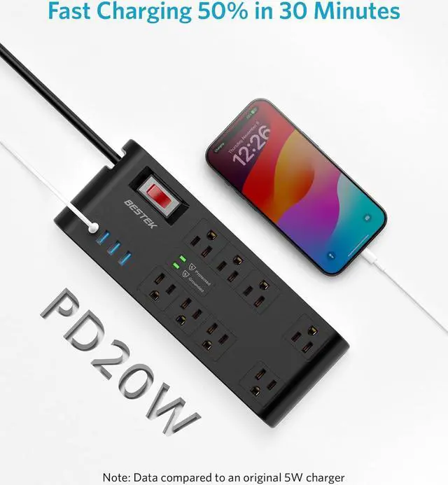 Alt view image 2 of 7 - BESTEK 4,000 Joules Surge Protector with USB,6 Feet Extension Cord Power Strip with 8 AC Outlets 15A 1875W,5V 4.2A 4 USB Charging Ports Desktop Charging Station,Wide Spaced Outlet for Large Plug,Black