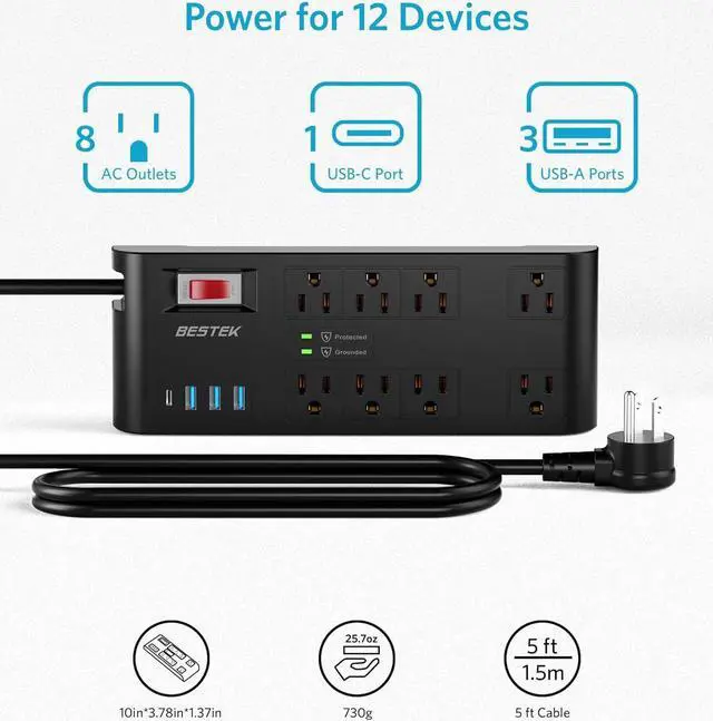 Alt view image 3 of 7 - BESTEK 4,000 Joules Surge Protector with USB,6 Feet Extension Cord Power Strip with 8 AC Outlets 15A 1875W,5V 4.2A 4 USB Charging Ports Desktop Charging Station,Wide Spaced Outlet for Large Plug,Black