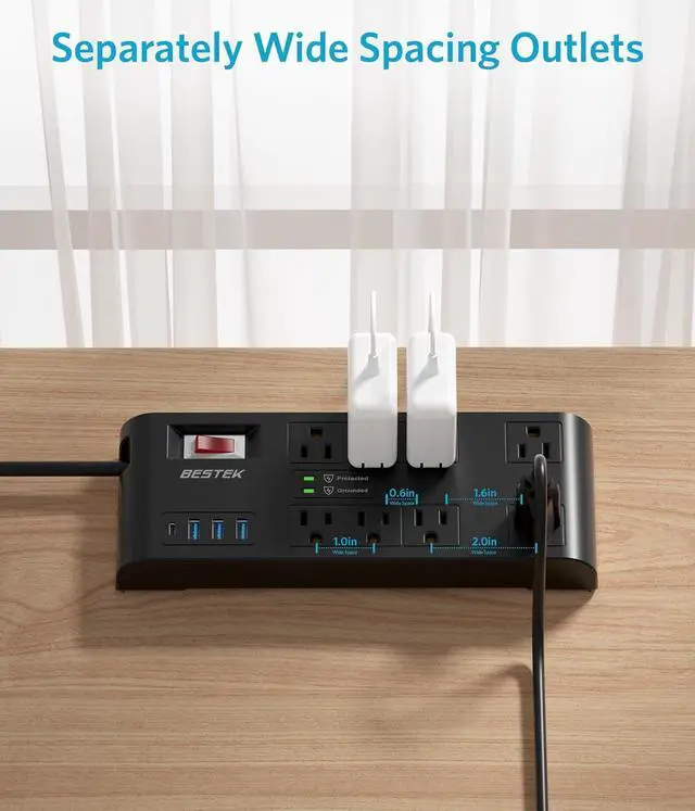 Alt view image 4 of 7 - BESTEK 4,000 Joules Surge Protector with USB,6 Feet Extension Cord Power Strip with 8 AC Outlets 15A 1875W,5V 4.2A 4 USB Charging Ports Desktop Charging Station,Wide Spaced Outlet for Large Plug,Black
