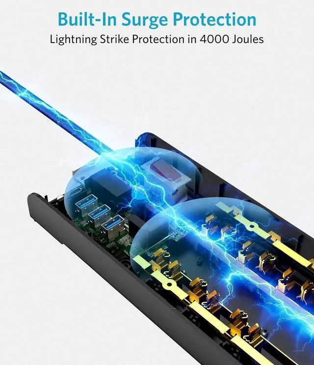 Alt view image 5 of 7 - BESTEK 4,000 Joules Surge Protector with USB,6 Feet Extension Cord Power Strip with 8 AC Outlets 15A 1875W,5V 4.2A 4 USB Charging Ports Desktop Charging Station,Wide Spaced Outlet for Large Plug,Black