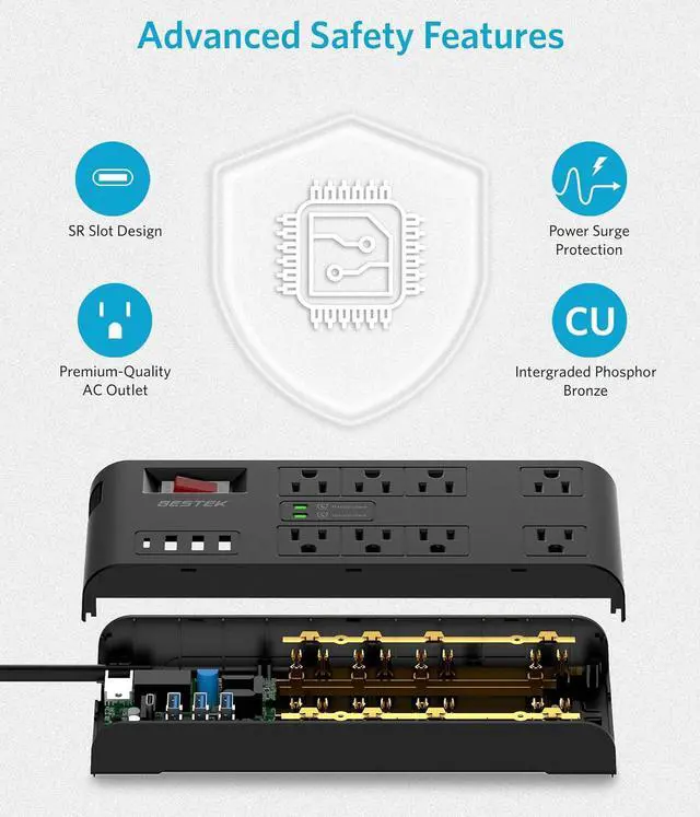 Alt view image 7 of 7 - BESTEK 4,000 Joules Surge Protector with USB,6 Feet Extension Cord Power Strip with 8 AC Outlets 15A 1875W,5V 4.2A 4 USB Charging Ports Desktop Charging Station,Wide Spaced Outlet for Large Plug,Black