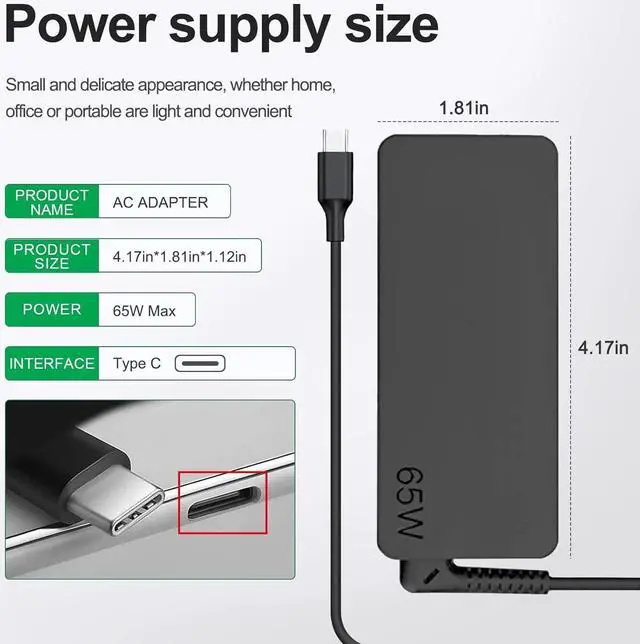 Alt view image 4 of 7 - 65W USB C Charger for  Thinkpad/Yoga/Chromebook Laptop Computer 65W 45W USB C Fast Power Adapter