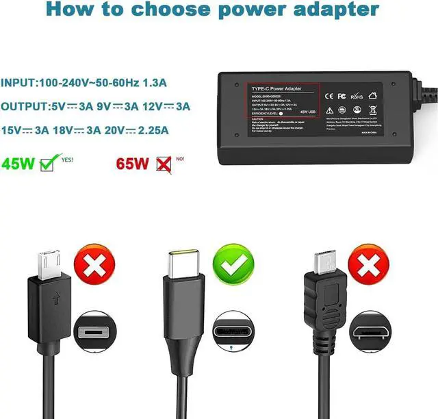 Alt view image 2 of 7 - Universal 45W Type C USB C Chromebook Charger Laptop Replacement for HP 14 14A 11 11A G9 6 7 8 EE X360 14-ca051wm 14-ca052wm    Google   Chromebook Charger Power Cord Adapter
