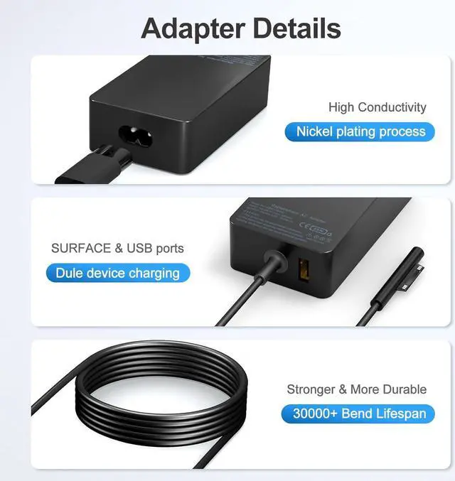 Alt view image 6 of 7 - 65W Surface Pro Laptop Charger-Microsoft Surface Pro Charger for Windows Surface Laptop 6,5,4,3,2,1,Microsoft Surface Pro10,9,8,7+,7,6,5,4,3,X,Surface Book3,2,1,Surface Go Tablet,Support 44W,36W, 10FT