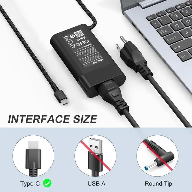 Alt view image 2 of 7 - Dzytnsy New Slim 65W USB C Laptop Charger Replacement for HP Laptop Charger | Omnibook,Chromebook,Spectre,Envy,Zbook,ProBook,Elitebook x360,Pavilion Elite x2 Computer AC Power Adapter