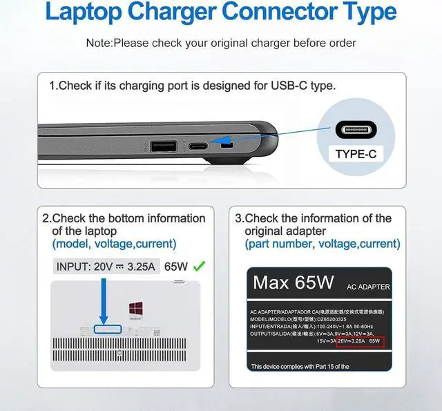 Alt view image 3 of 7 - Dzytnsy New Slim 65W USB C Laptop Charger Replacement for HP Laptop Charger | Omnibook,Chromebook,Spectre,Envy,Zbook,ProBook,Elitebook x360,Pavilion Elite x2 Computer AC Power Adapter