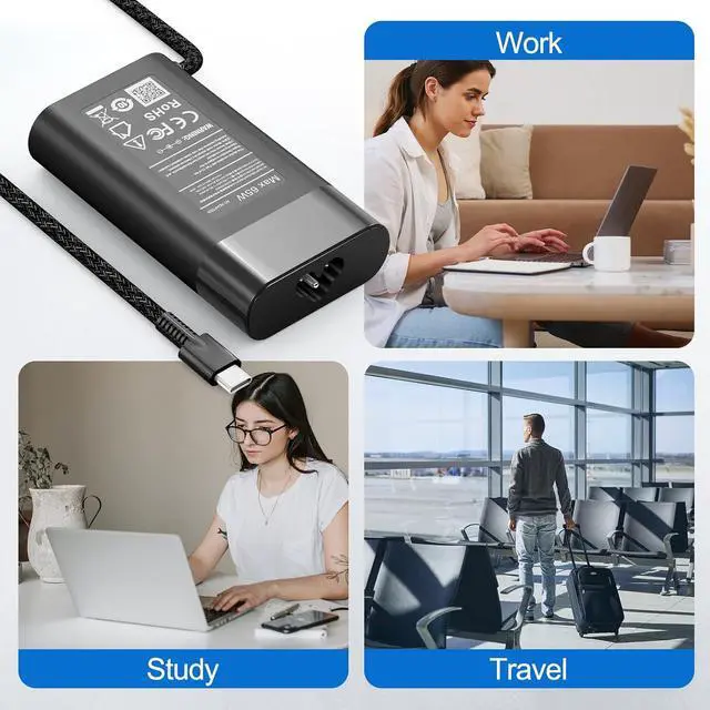 Alt view image 7 of 7 - New Slim 65W USB C Laptop Charger for HP Spectre X360,Envy X360,Chromebook,Elite X2,EliteBook X360,HP Spectre/EliteBook/Envy/ZBook/Chromebook Type C AC Adapter Travel Power Cord