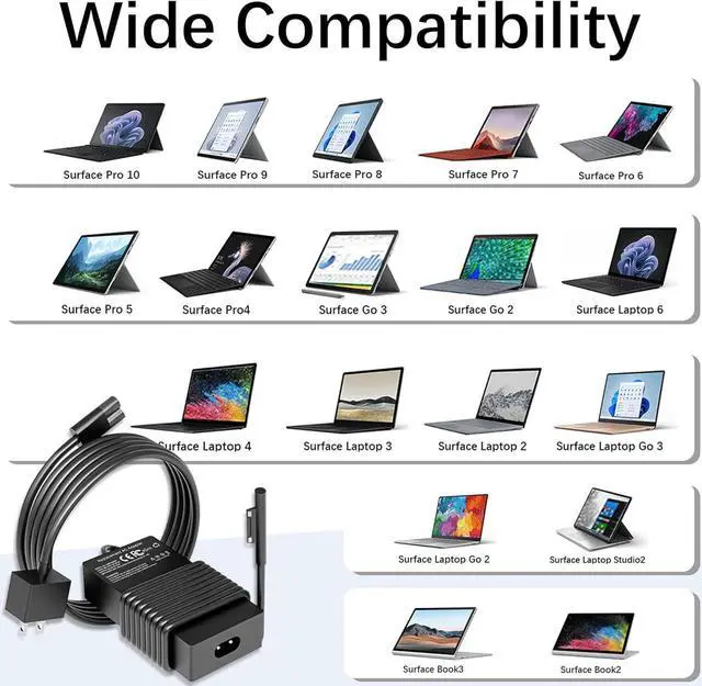 Alt view image 7 of 7 - 65W Surface Pro Charger for Microsoft Surface Pro 10, 9, 8, 7+, 7, 6, 5, 4, 3, X, Windows Surface Laptop 5, 4, 3, 2, 1 Studio, Surface Book 3, 2, 1, Surface Go 4 3 2 1 Charger, Support 44W, 36W