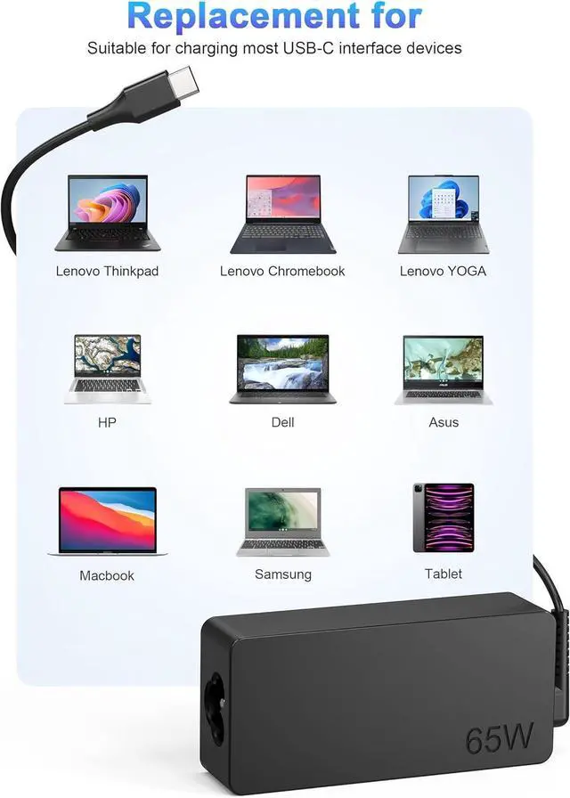 Alt view image 6 of 7 - Replacement for 65W Lenovo Laptop Charger USB C for Lenovo ThinkPad Yoga chomebook Computer Type c Fast Power Adapter