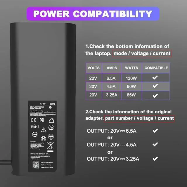Alt view image 2 of 7 - 130W AC Adapter for  Laptop Charger USB C -  Computer Charger for XPS 15 17 9500 9520 9570 9575 9730 9530 Precision 5550 5560 5570 3560 3570 3571 2in1 Latitude 9410 9510 Type C Power Cord