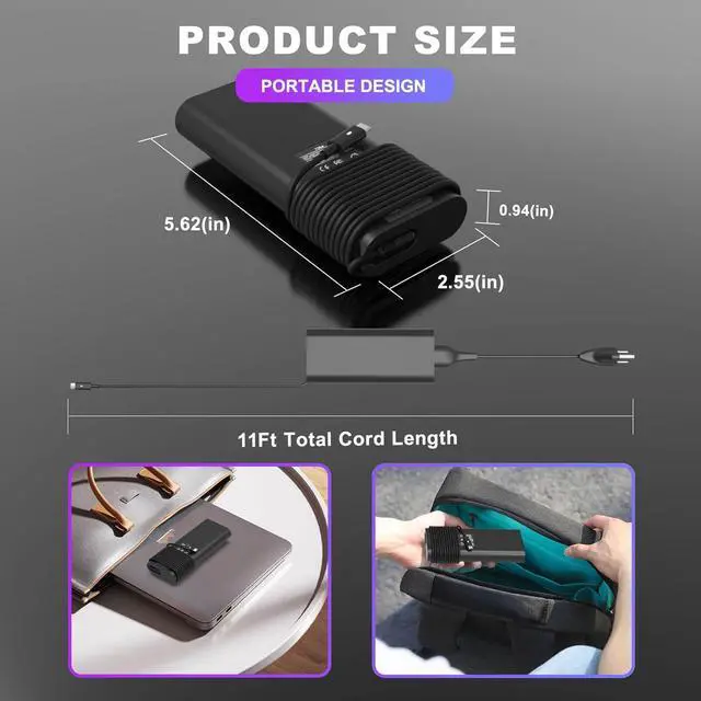 Alt view image 4 of 7 - 130W AC Adapter for  Laptop Charger USB C -  Computer Charger for XPS 15 17 9500 9520 9570 9575 9730 9530 Precision 5550 5560 5570 3560 3570 3571 2in1 Latitude 9410 9510 Type C Power Cord