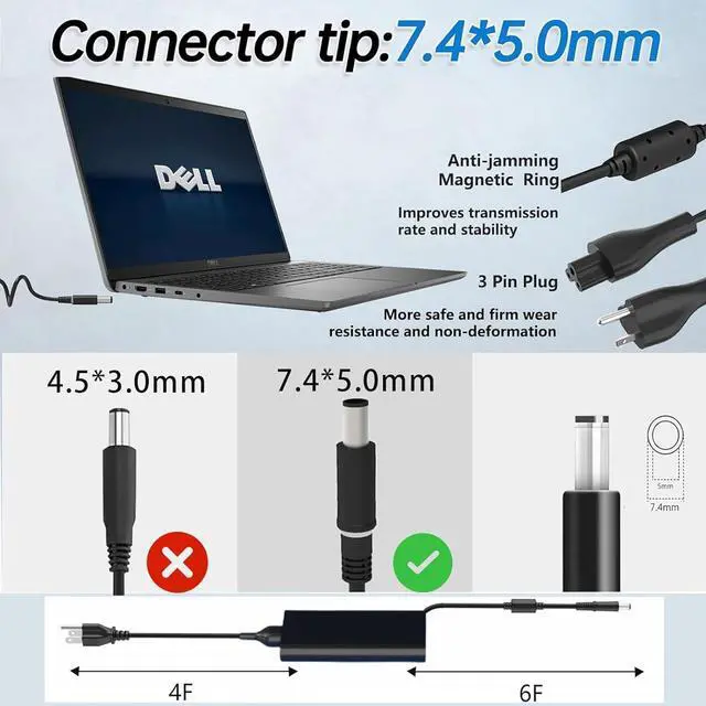 Alt view image 3 of 7 - 65W Laptop Charger Fit for Dell Latitude 5290 5400 5490 5590 7290 7480 7490 E5440 E5470 E6540 E7440 E7450 E7250 E6440 E6430 LA65NM130 19.5V 3.34A 7.4mm Tip AC Adapter Power Cord
