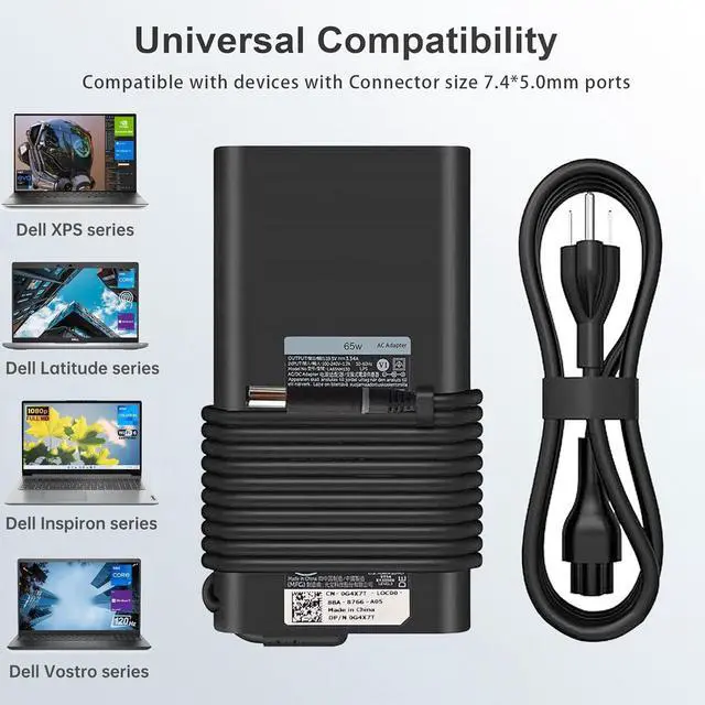 Alt view image 4 of 7 - 65W Laptop Charger Fit for Dell Latitude 5290 5400 5490 5590 7290 7480 7490 E5440 E5470 E6540 E7440 E7450 E7250 E6440 E6430 LA65NM130 19.5V 3.34A 7.4mm Tip AC Adapter Power Cord