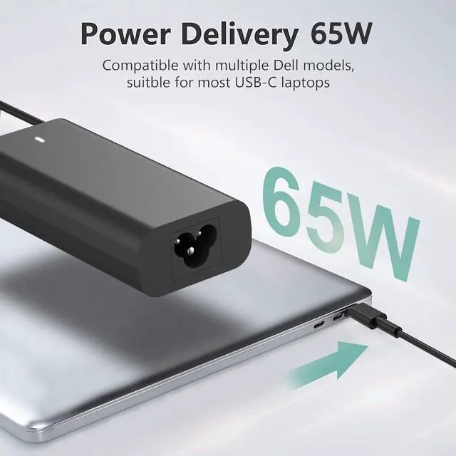 Alt view image 2 of 7 - 65W USB-C Laptop Charger for Dell Latitude 5285 5289 5290 7212 7275 7285 7290 7390 7420 Dell XPS 13 9350 9360 9365 9370 9380 Chromebook 3100 3400 5190 Fast Charging -Power Cord Included
