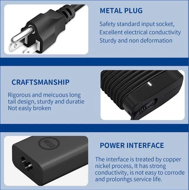 Alt view image 4 of 6 - New Slim 65W 60W Dell Laptop Charger USB C for Dell Latitude 5420 5440 5430 5520 5530 5540 7420 7440 7390 7400,XPS 13 Chromebook 3100,for Dell Inspiron 14 16 7620 2in1 AC Adapter Type C Power Cord