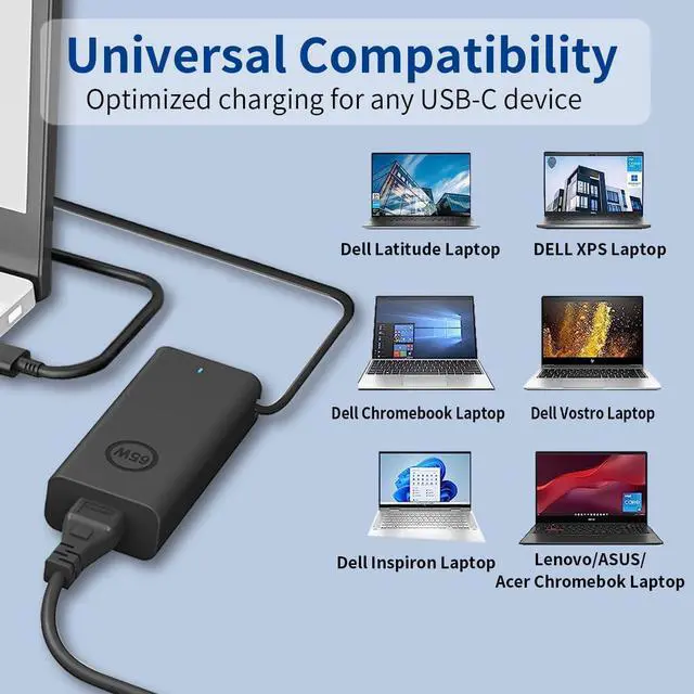 Alt view image 5 of 6 - New Slim 65W 60W Dell Laptop Charger USB C for Dell Latitude 5420 5440 5430 5520 5530 5540 7420 7440 7390 7400,XPS 13 Chromebook 3100,for Dell Inspiron 14 16 7620 2in1 AC Adapter Type C Power Cord
