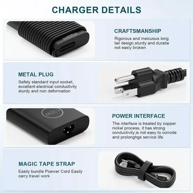 Alt view image 4 of 6 - 130W 4.5mm AC Adapter Compatible with  Precision 5510 5520 5530 5540 Vostro 7500 7510 7590 7620 7650 XPS 15 7590 9570 9560 9550 9530 Laptop Charger p56f ha130pm130 0v363h