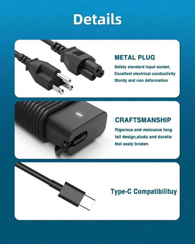 Alt view image 5 of 7 - 2024 New Slim 65W 60W  Laptop Charger USB C for Latitude 5420 5520 5320 7420 7480 7490 7320 7400  XPS 13 15 Chromebook 3100 DA65NM190 LA65NM190 Type C  Computer AC Adapter Power Cord