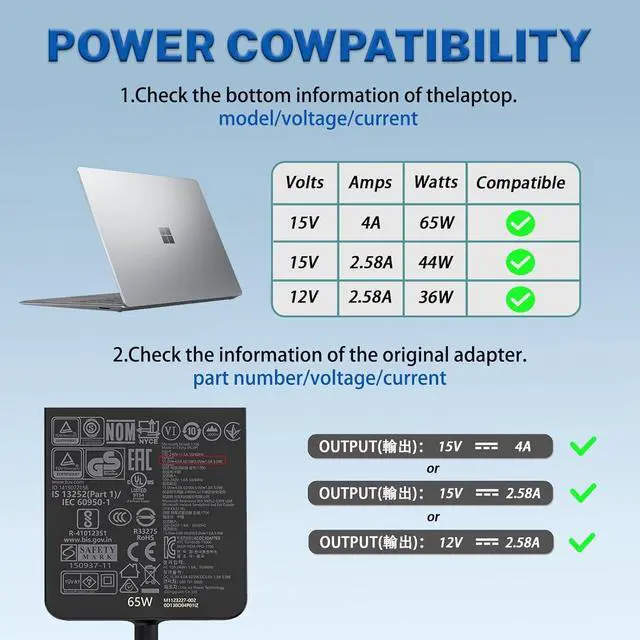 Alt view image 3 of 7 - 65W AC Power Charger Fit for Microsoft Surface Pro X/9/8/7/6/5/4/3, Surface Book/Laptop/Tablet 1706 15V 4A Laptop Adapter Cord Compatible with 44W and 36W(65W-1)