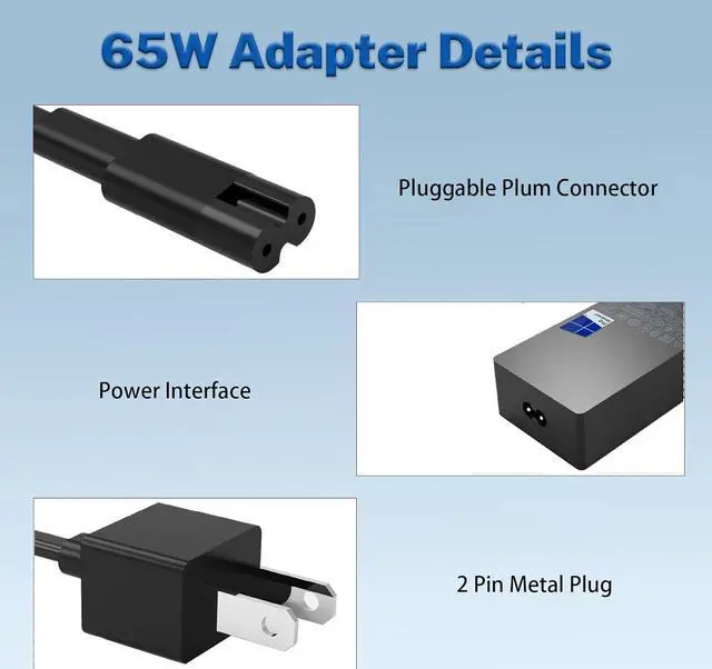 Alt view image 5 of 7 - 65W AC Power Charger Fit for Microsoft Surface Pro X/9/8/7/6/5/4/3, Surface Book/Laptop/Tablet 1706 15V 4A Laptop Adapter Cord Compatible with 44W and 36W(65W-1)